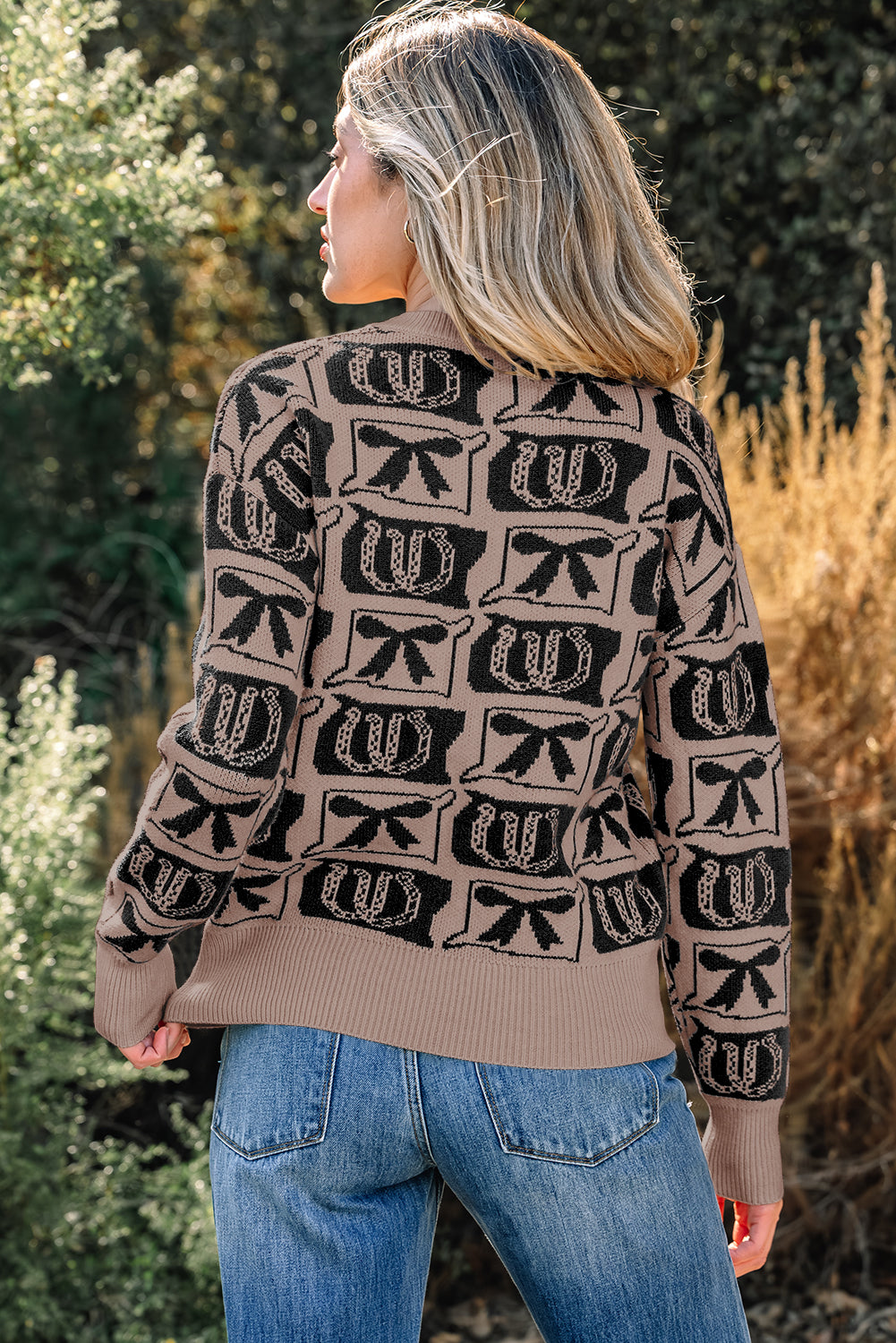 Pink Bows & Horseshoes Pattern Western Fashion Print Sweater