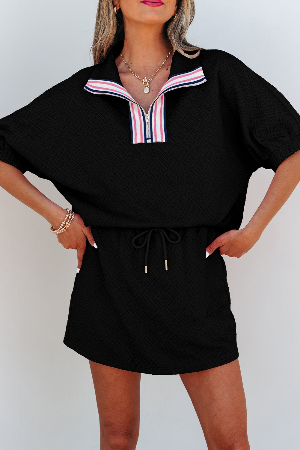 Color black Striped Collared Zip up Textured Skirt Set
