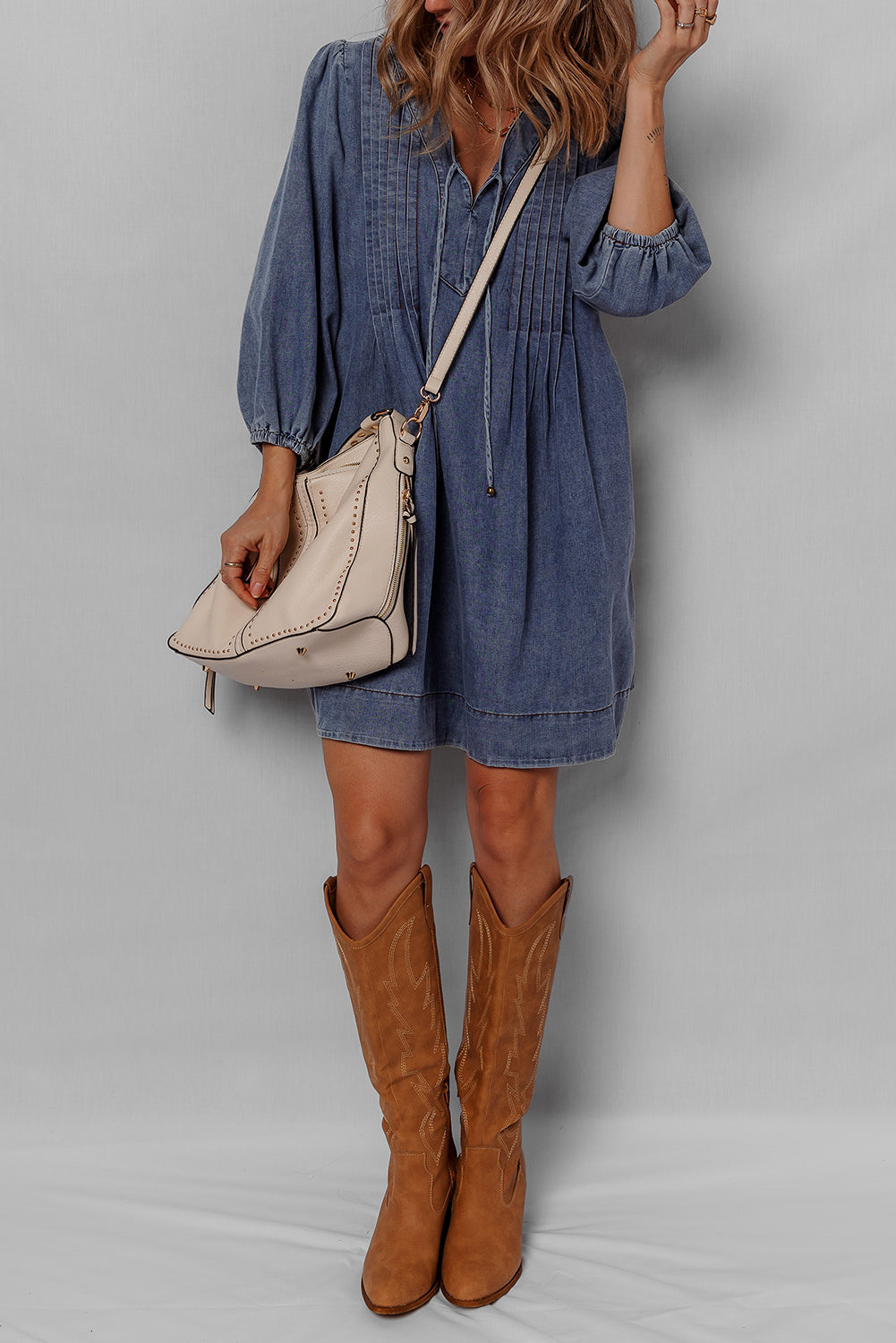 Sail Blue 3/4 Sleeve Tied V Neck Pleated Denim Mini Dress