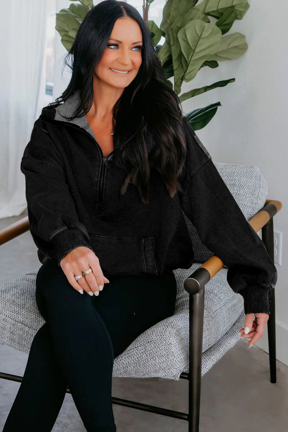 Black Half Zip Kangaroo Pocket Mineral Wash Baggy Hoodie