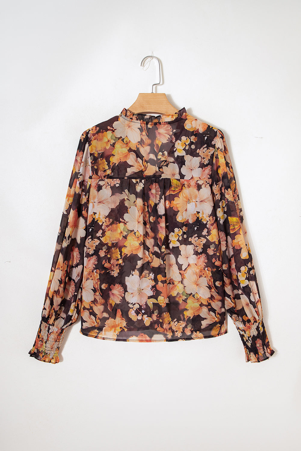 Black Floral V Neck Long Puff Sleeve Breezy Blouse