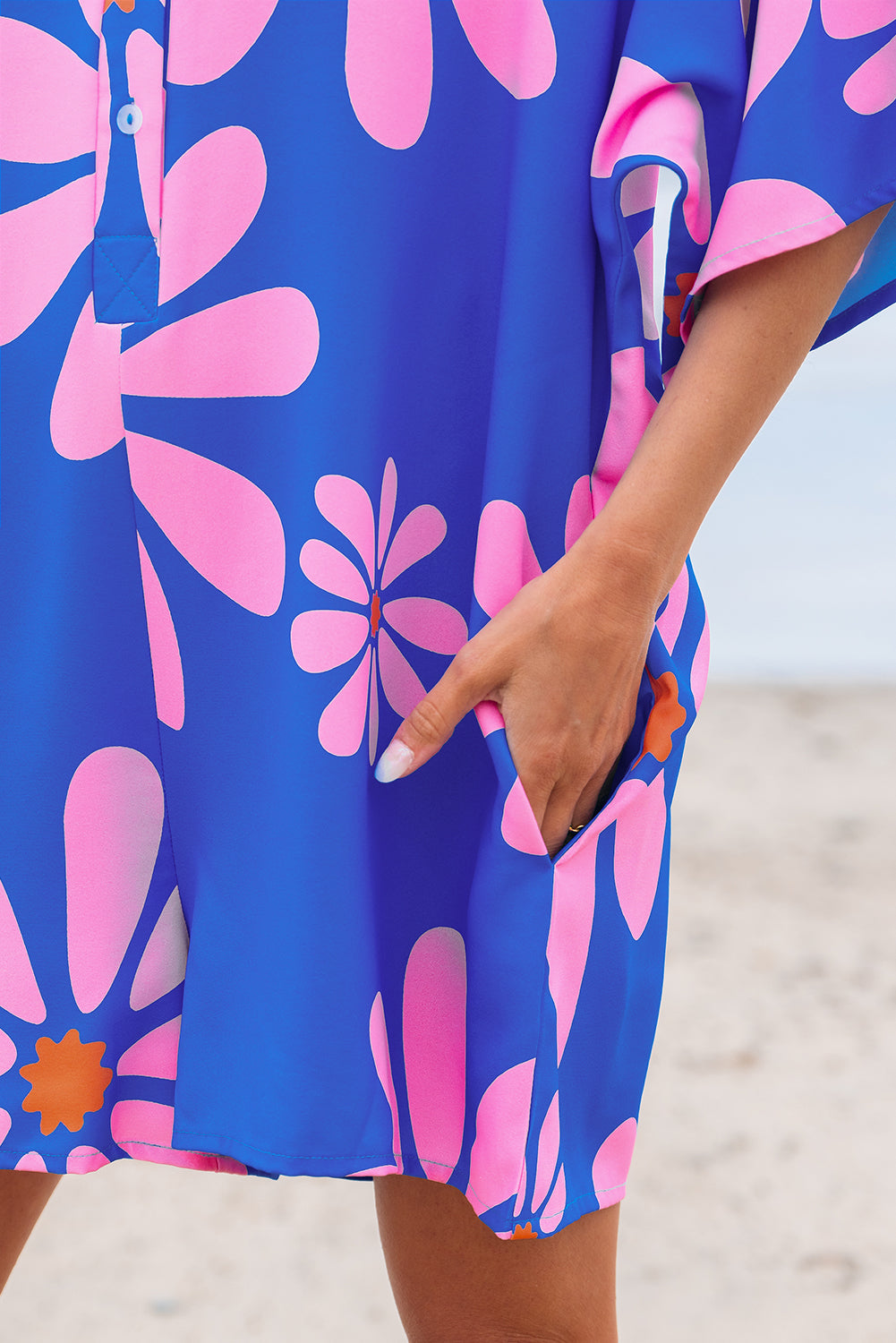 Blue Summer Flower Print Shirt Collar Button Front Loose Romper