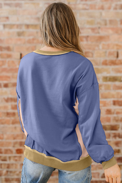 Light Pink Color Block Mix Texture Waffle Patchwork Oversize Sweatshirt