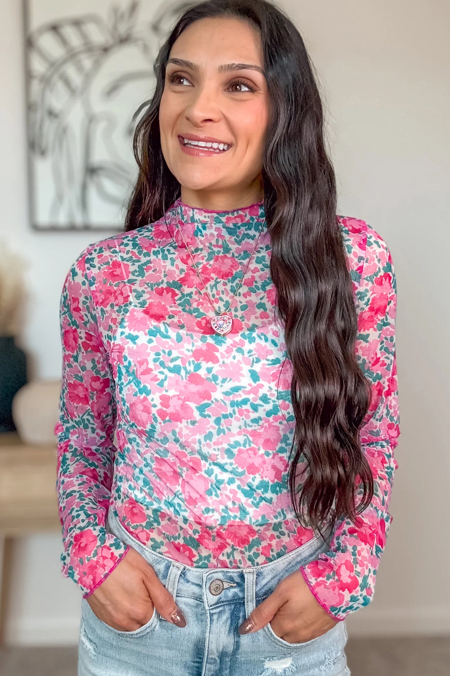 Pink Slim Fit Floral Mesh Long Sleeve Mock Neck Top