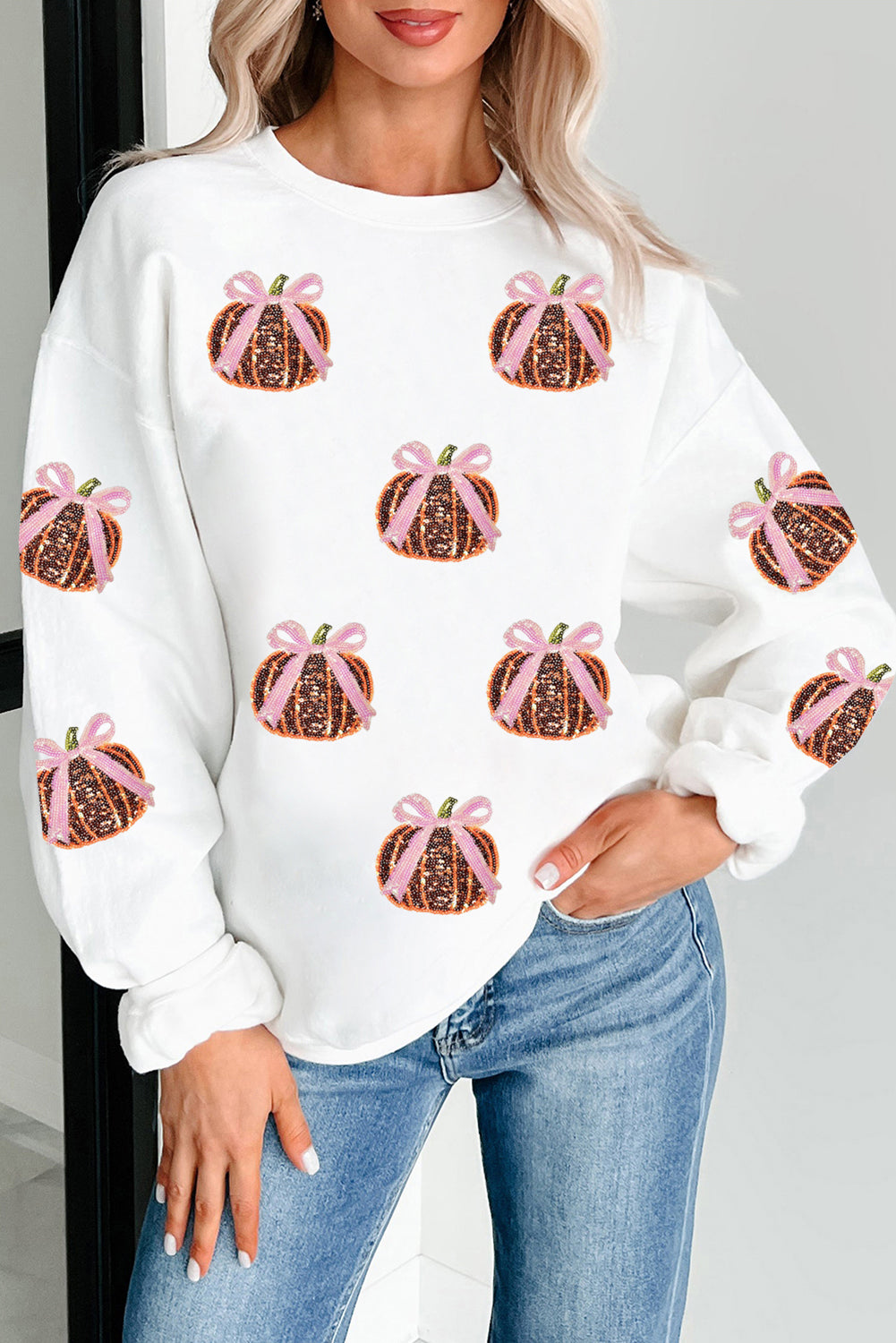 White Sequin Bow Pumpkin Patched Cotton Baggy Sweatshirt