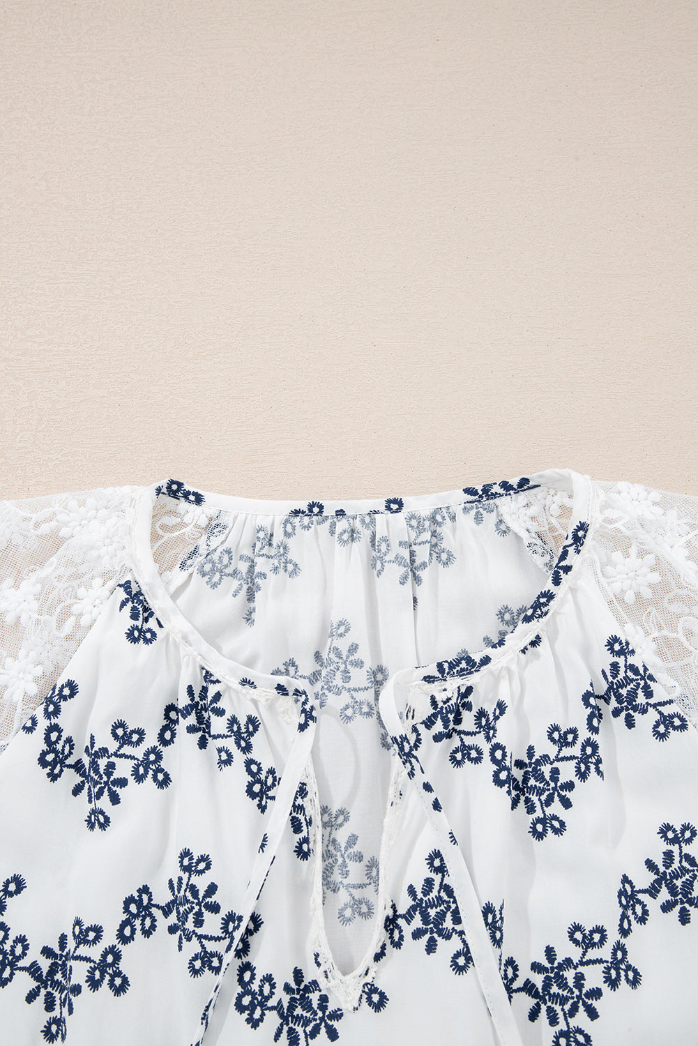 Blue Lace Patchwork Floral Bubble Sleeve V Split Neck Blouse