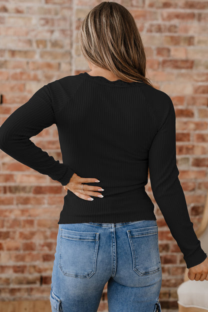 Beige Lace Neckline Button Decor Lettuce Edge Long Sleeve Ribbed Top