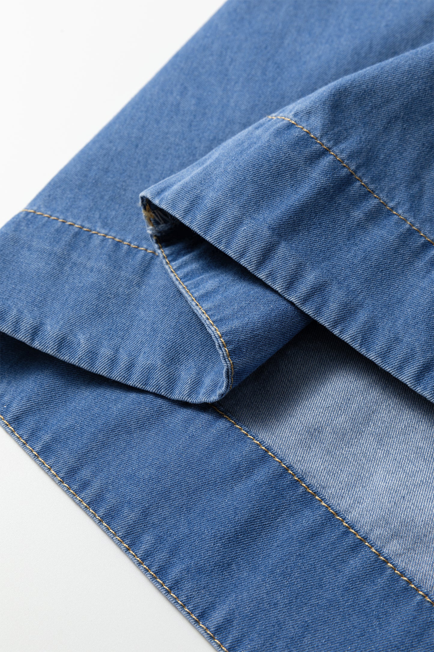 Beau Blue Seam Pleated Detail Half Button Short Sleeve Denim Top