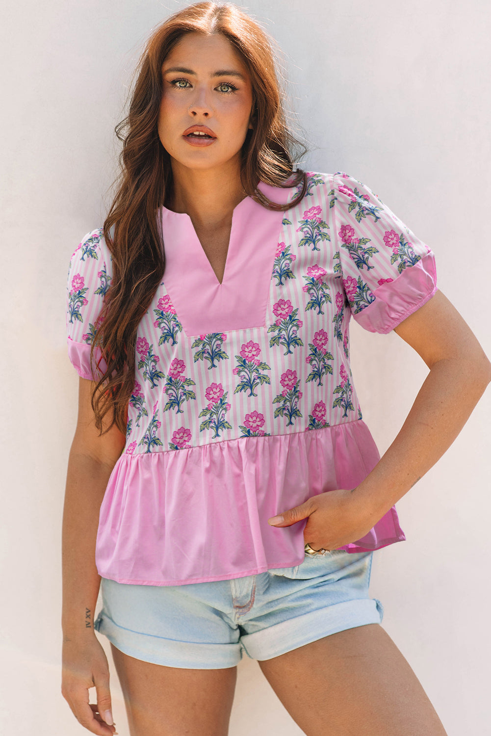 Rose Floral Striped Print Contrast Patchwork Ruffle Hem Blouse