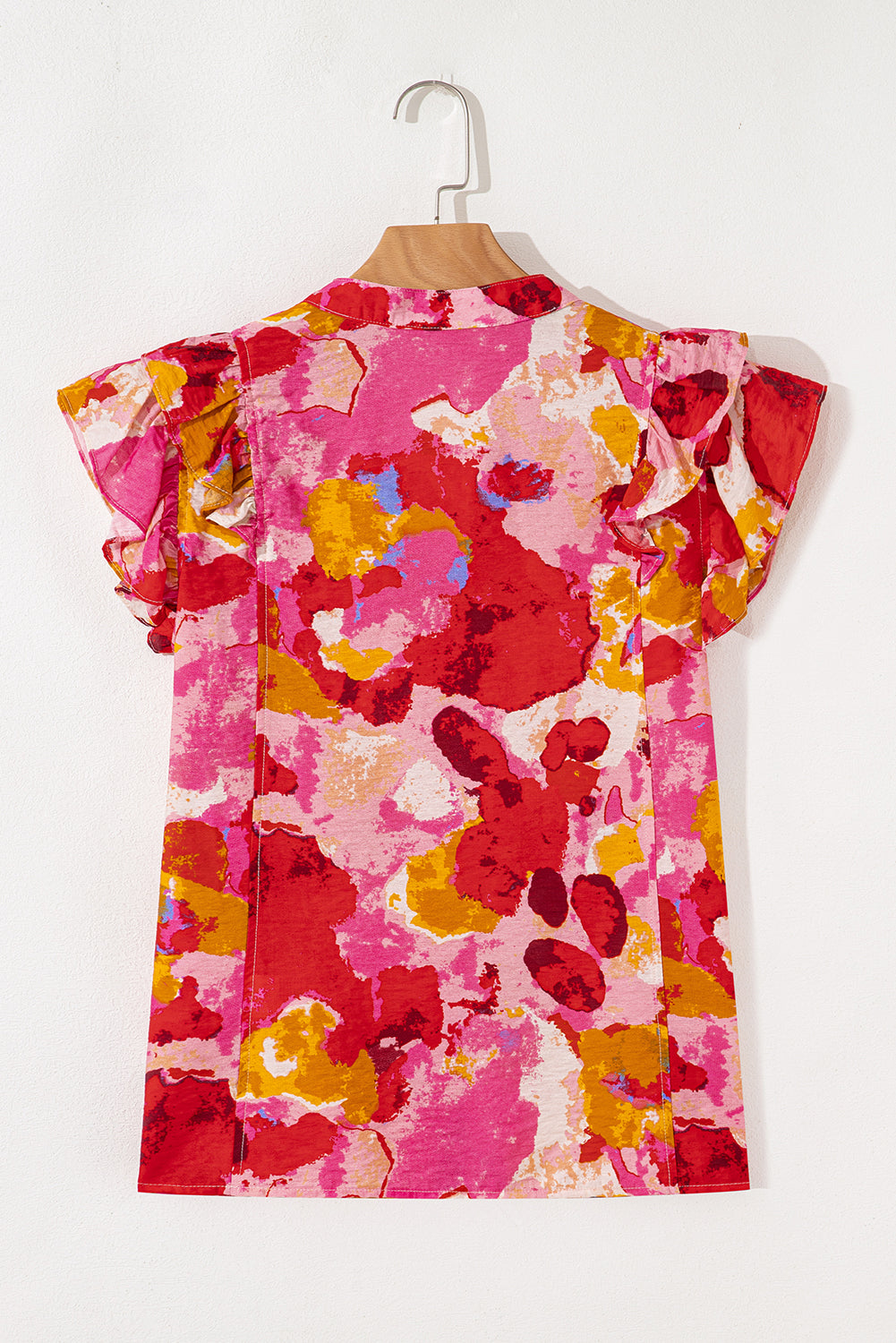 Red Abstract Print Split V Neck Ruffle Short Sleeve Blouse