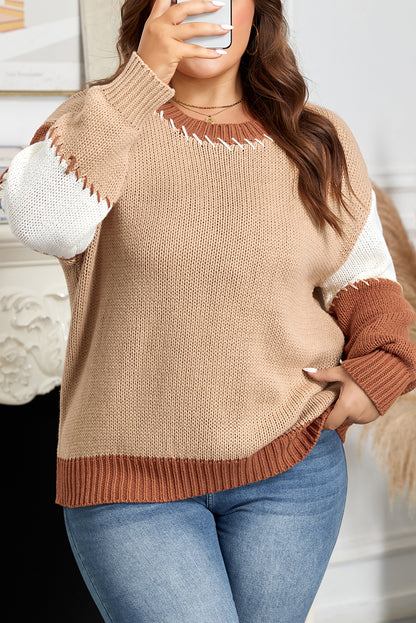 Light French Beige Contrast Stitch Detail Color Block Knitted Plus Size Sweater