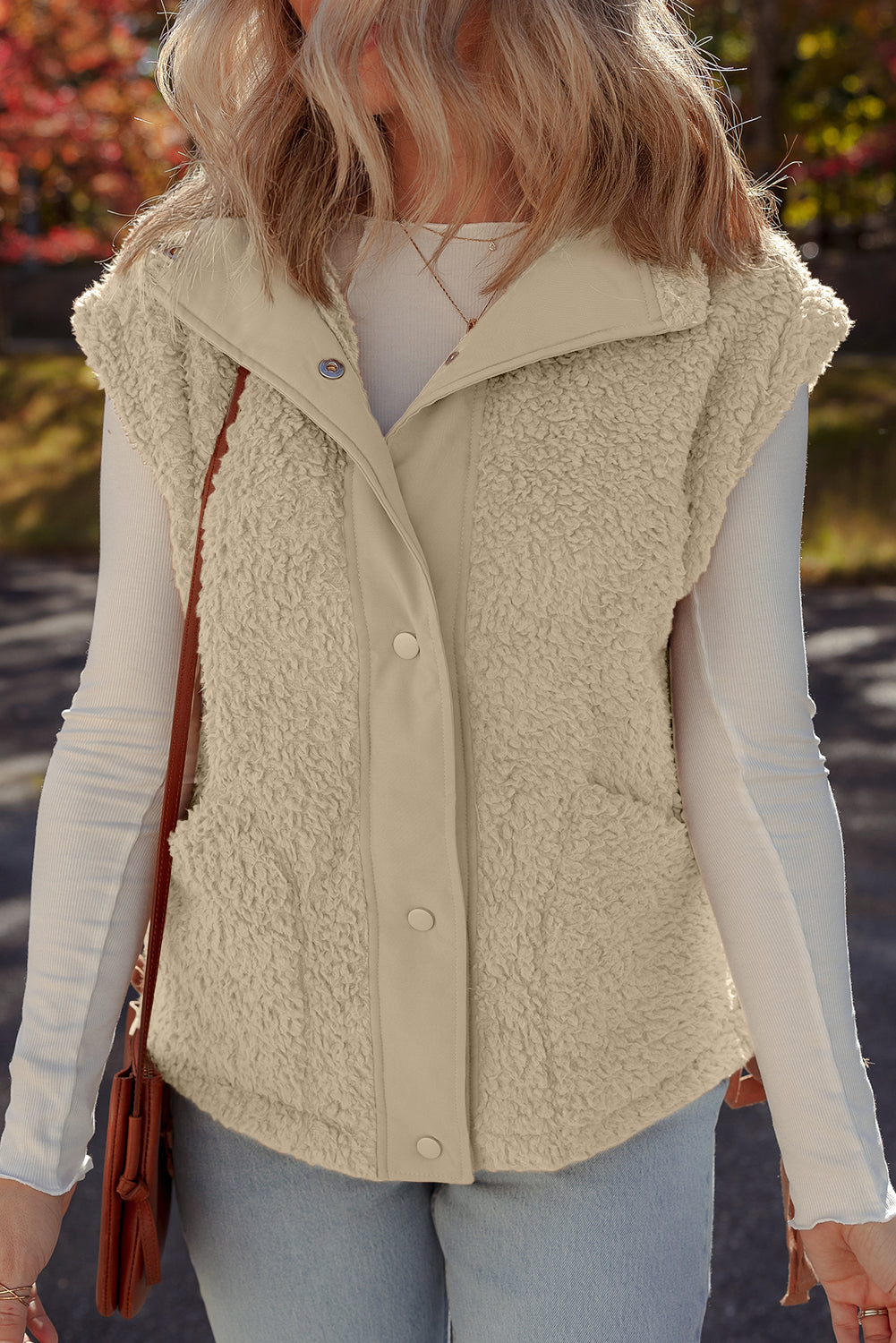 Cinnamon Faux Fur Snap Button Front Knot Side Plush Vest with Pockets