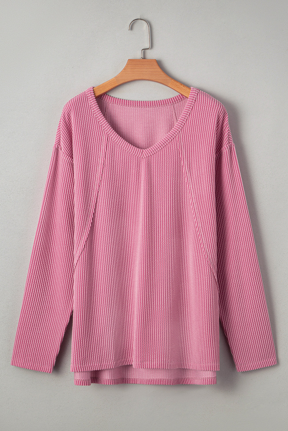Pink Twisted Rib Texture Exposed Seam Patchwork Loose Long Sleeve Top