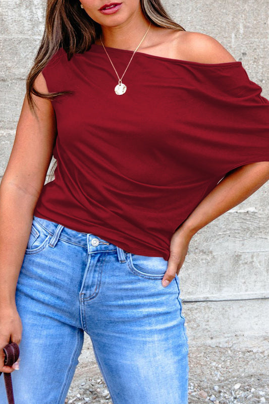 Burgundy Plus Size Solid Color Asymmetric Neck Short Sleeve Blouse