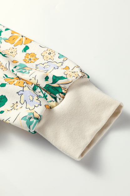 Khaki Floral Print Button Notched V Neck Long Sleeve Top