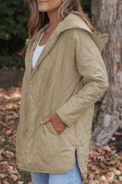 Green Quilted Snap Button Hooded Puffer Coat