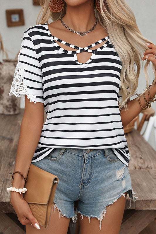 Black Stripe Cross Straps Hollowed Neck Lace Splicing Short Sleeve Blouse