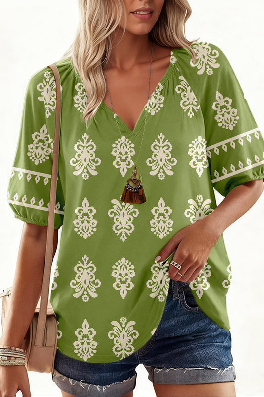 Green Boho Chic Notched V Neck Plus Floral Short Sleeve Top
