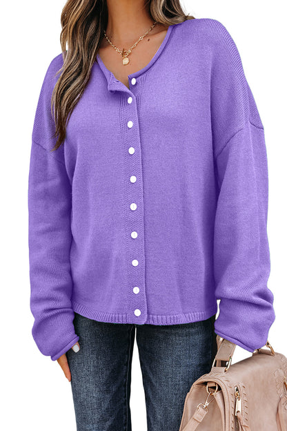 Wisteria Solid Color Knit Button Drop Shoulder Sweater Cardigan