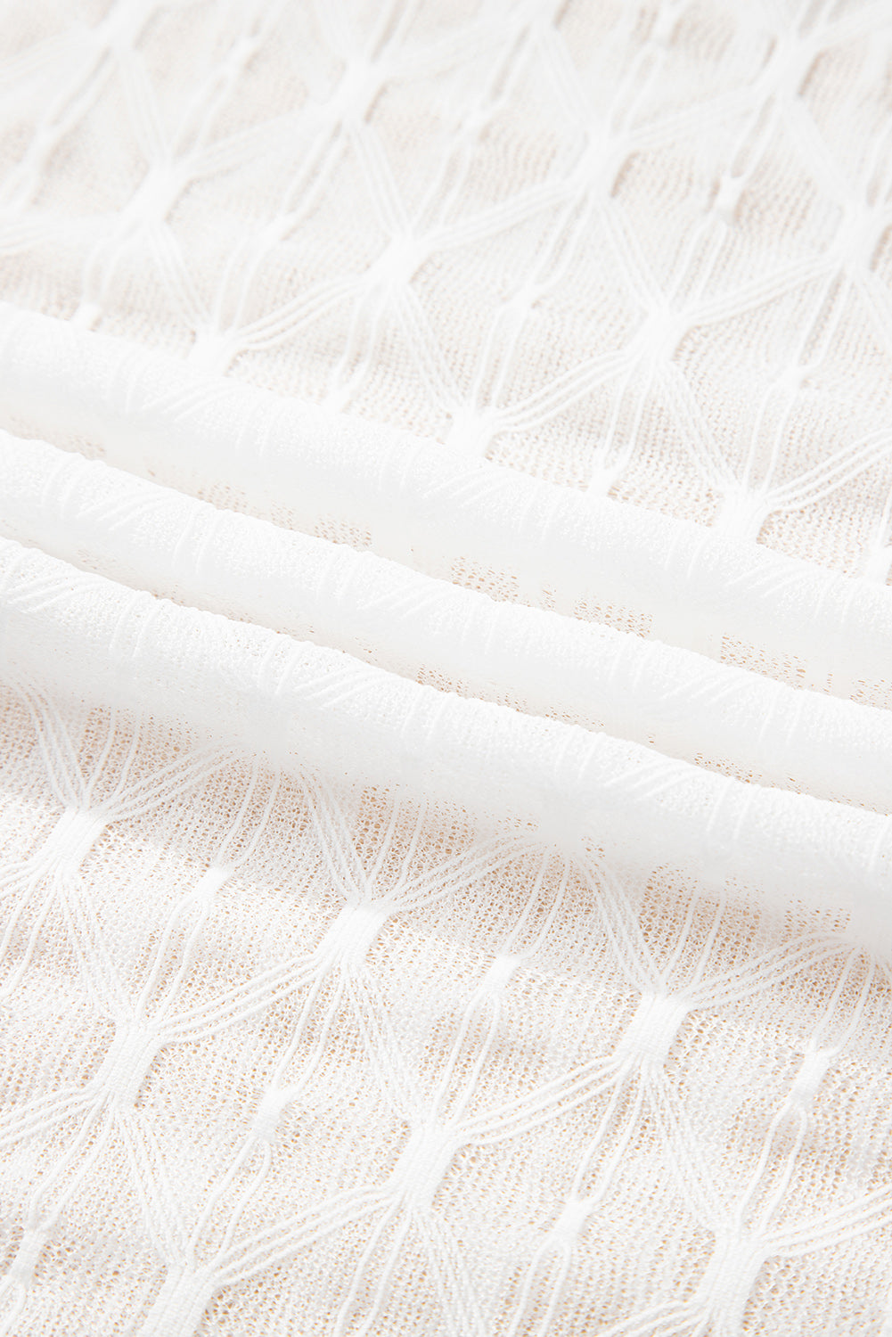 Beige Sheer Mesh Patterned Lettuce Trim Slim Long Sleeve Top