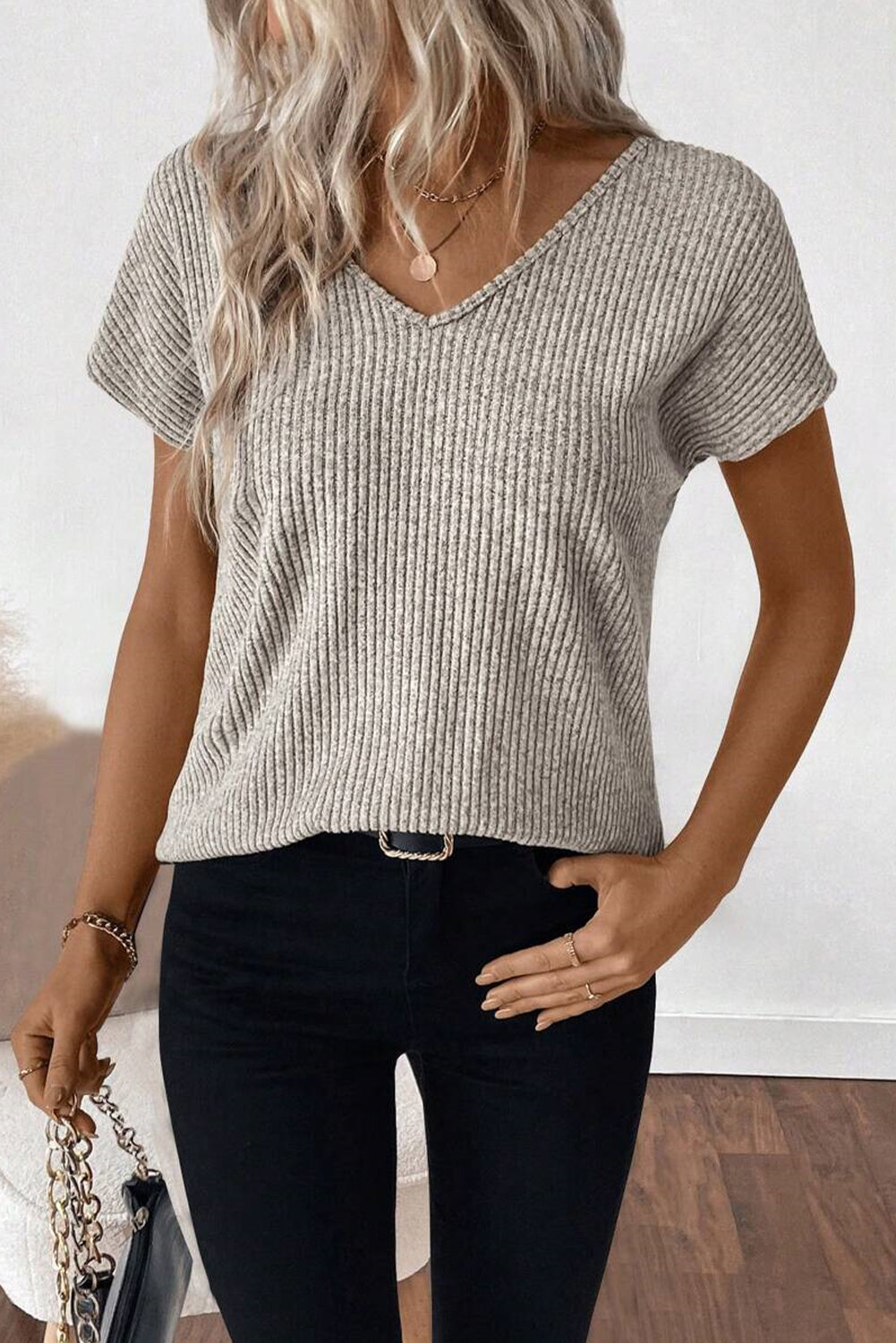 Gray Morn Ribbed Short Sleeve V Neck Colorblock Bow Back Top