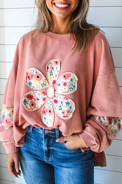 Pale Khaki Floral Applique Baggy Pullover Sweatshirt