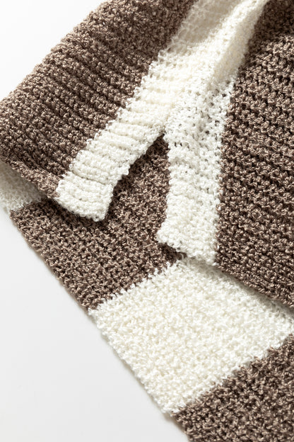 Brown Stripe Colorblock V Neck Bracelet Sleeve Sweater