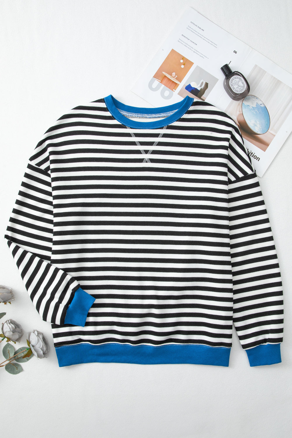 White Stripe Striped Contrast Ribbed Trim Crossed Stitch Drop Shoulder Sweatshirt
