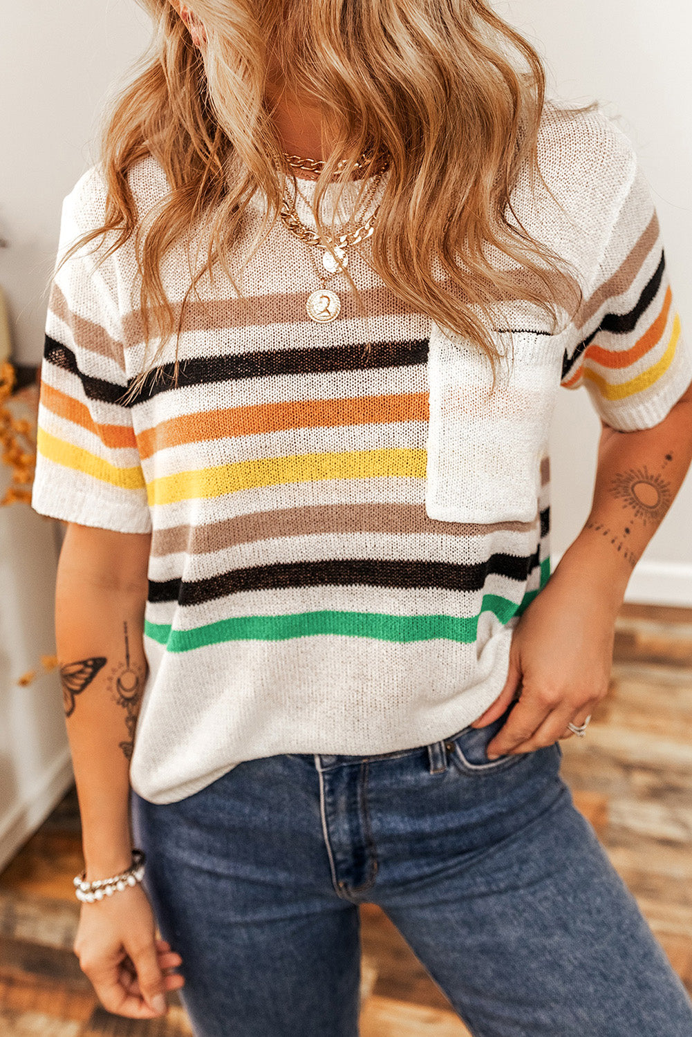White Striped Pocketed Loose Fit Crewneck Knitted T Shirt