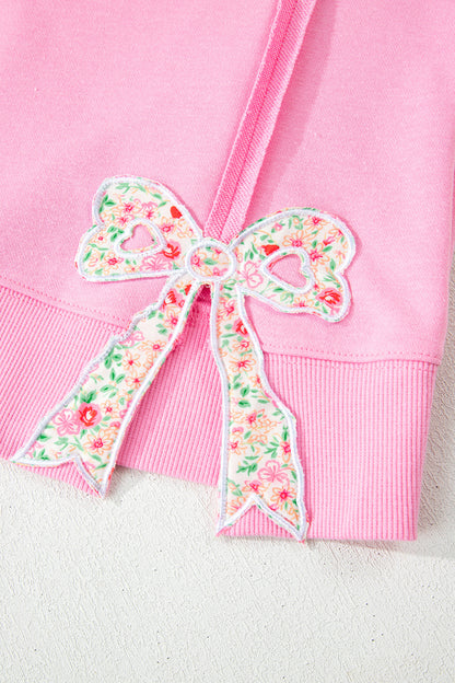Pink Floral Bow Patched Exposed Seam Patchwork Slit Baggy Sweatshirt