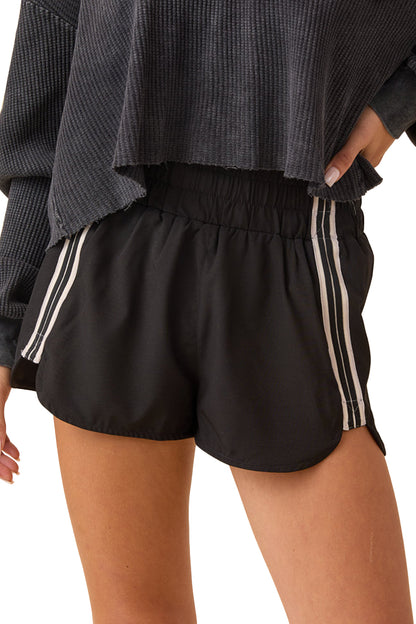 Black Elastic Waist Varsity Striped Detail Athleisure Shorts
