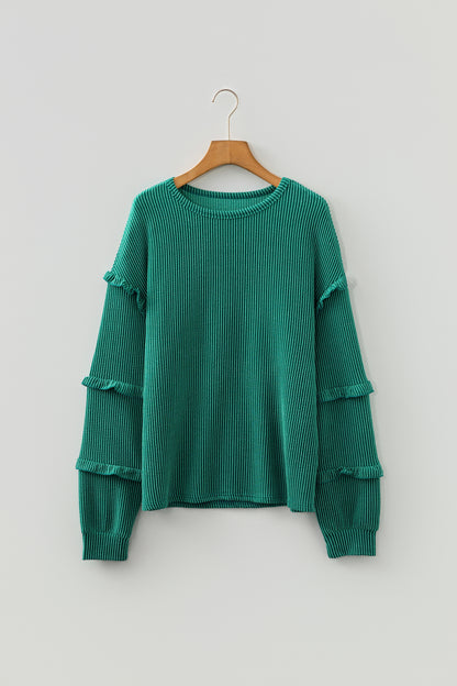 Evergreen Twisted Ribbed Tiered Ruffles Long Sleeve Pullover Top