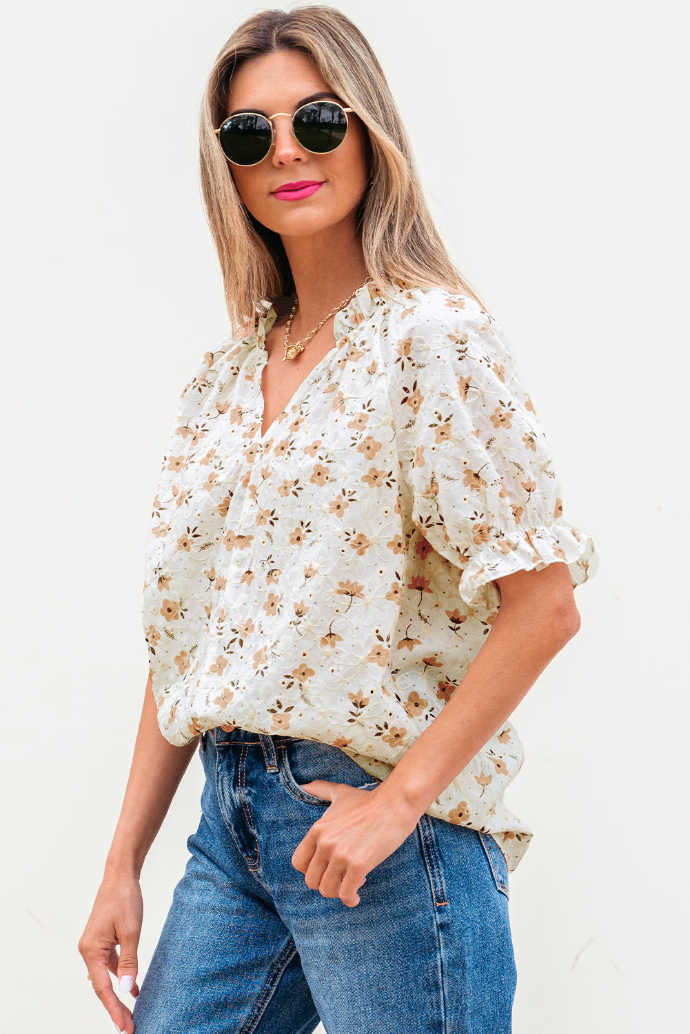 White Floral Eyelet Embroidered Puff Sleeve Notch V Neck Blouse