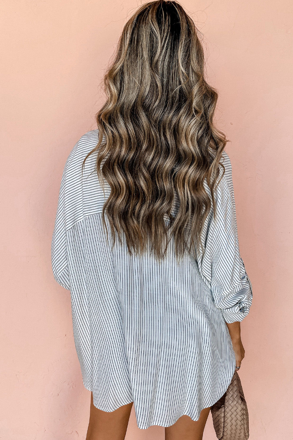 DEAR-LOVER Stripe Roll-tab Sleeve Pocketed Long Shirt