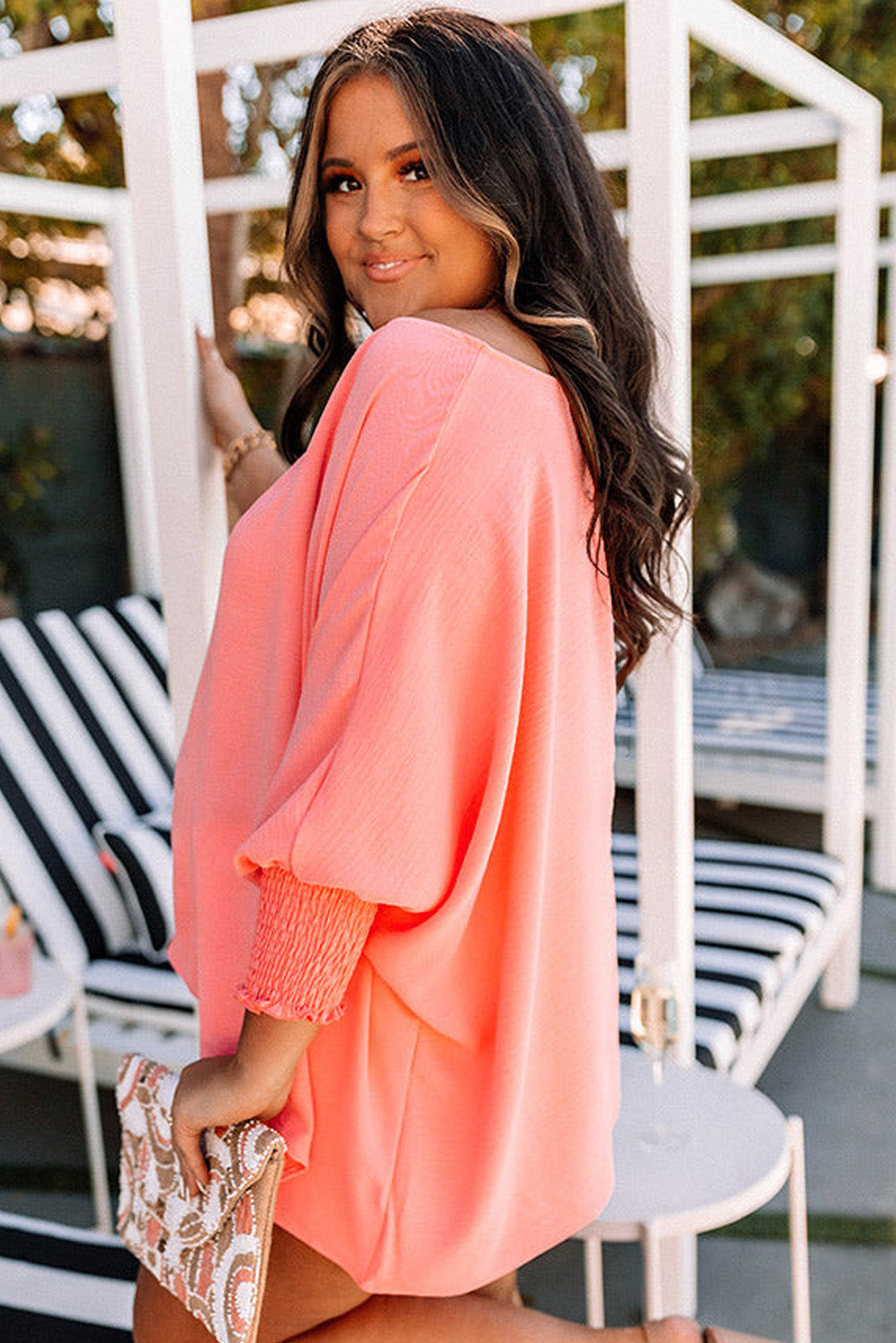 Blossom Shirred Cuffs Half Sleeve Plus Size Textured Blouse