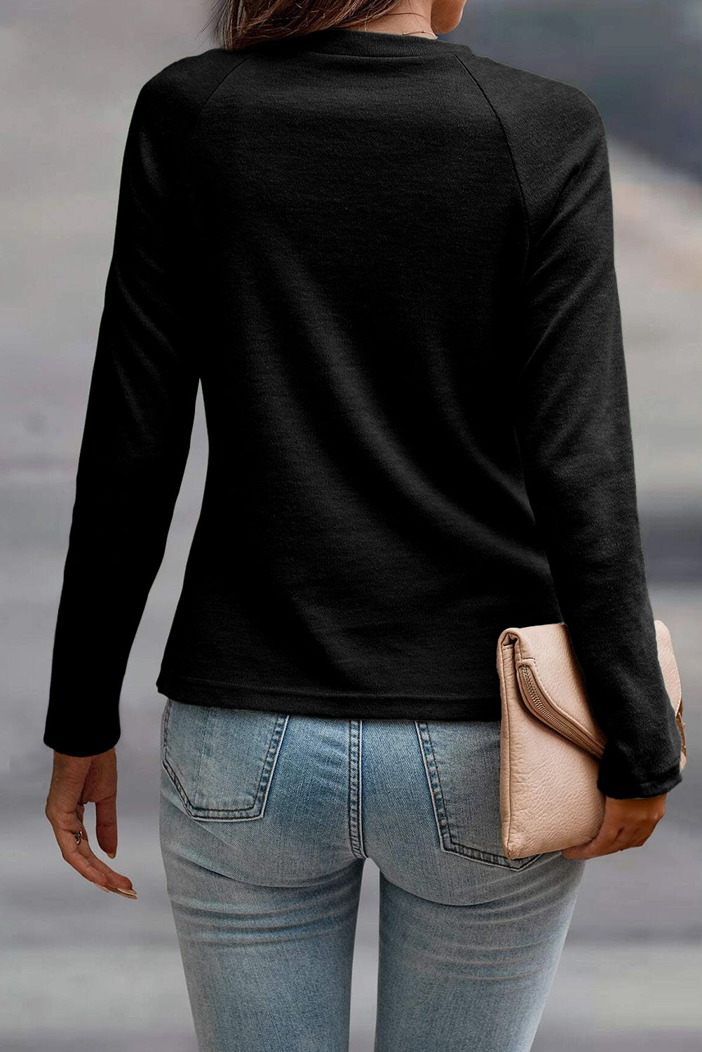 Black Solid Color Seam Detail Raglan Long Sleeve Top