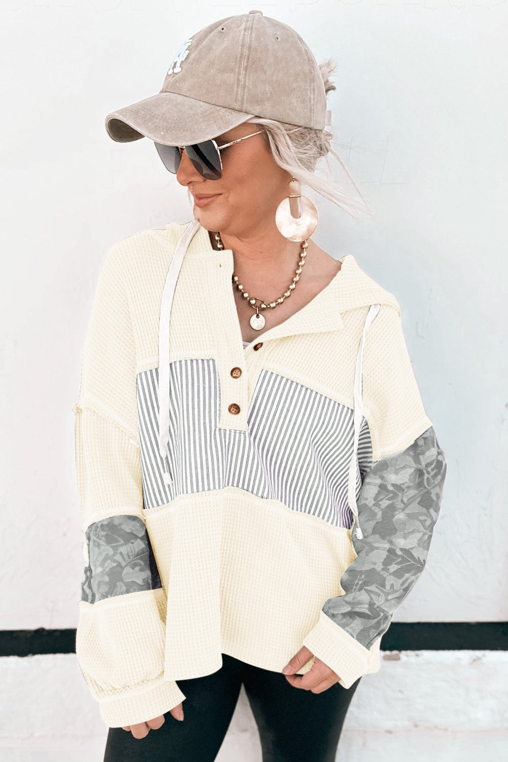 White Waffle Printed Patchwork Drawstring Hooded Long Sleeve Top