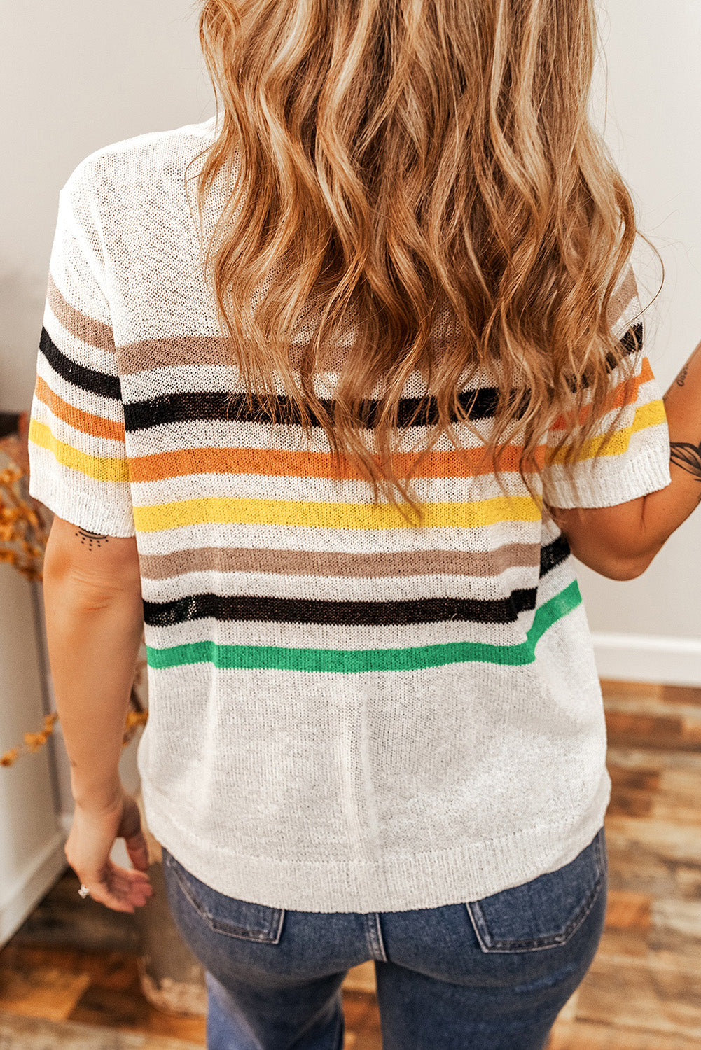 White Striped Pocketed Loose Fit Crewneck Knitted T Shirt