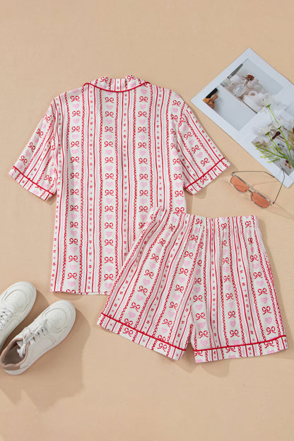 Red Cute Bow Heart Print Ribbon Decor Short 2pcs Pajama Set