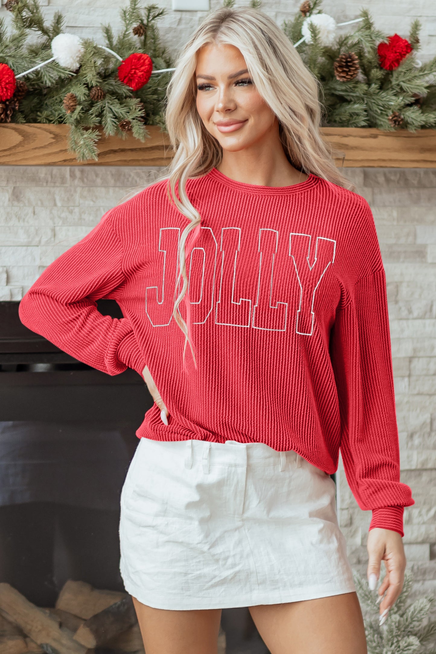Fiery Red Twisted Rib Outlined Merry Letter Graphic Loose Long Sleeve Top