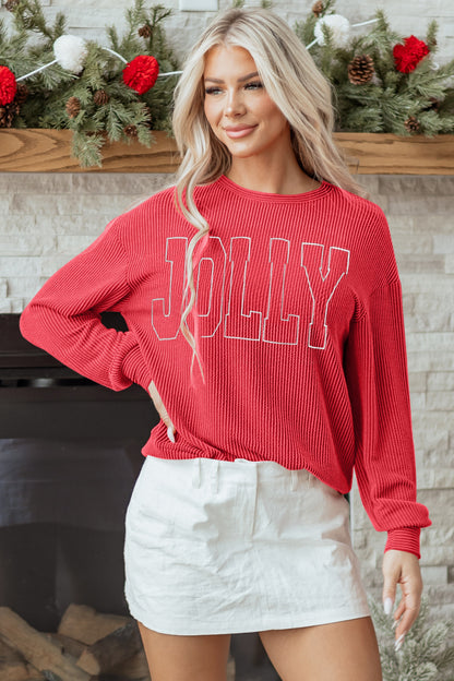 Fiery Red Twisted Rib Outlined Merry Letter Graphic Loose Long Sleeve Top