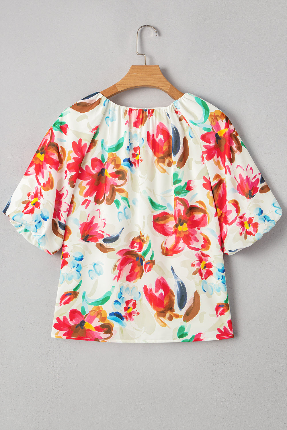 White Floral Print Puffy Half Sleeve Blouse