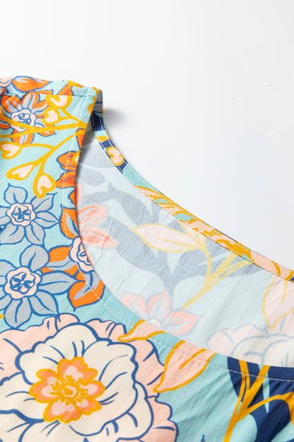 Blue Plus Size Floral Ruffled Long Sleeve Flowy Mini Dress