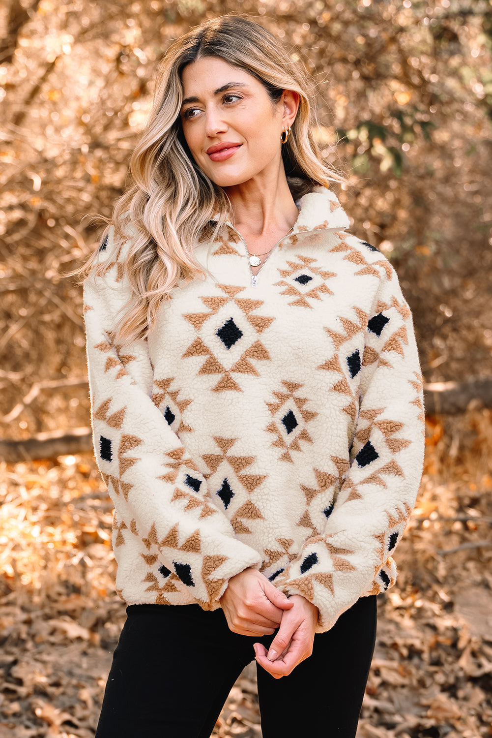 Khaki Aztec Print Sherpa Quarter Zip Collar Sweatshirt