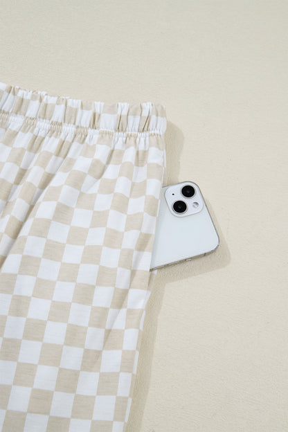 Khaki Checkered Print Half Sleeve Tee 2pcs Lounge Pant Set