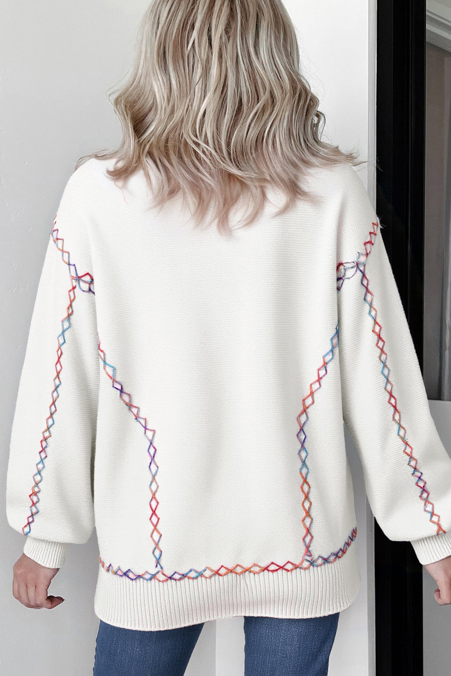White Rainbow Stitching Balloon Sleeve Relaxed Sweater