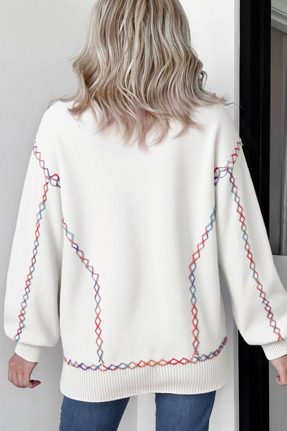 White Rainbow Stitching Balloon Sleeve Relaxed Sweater