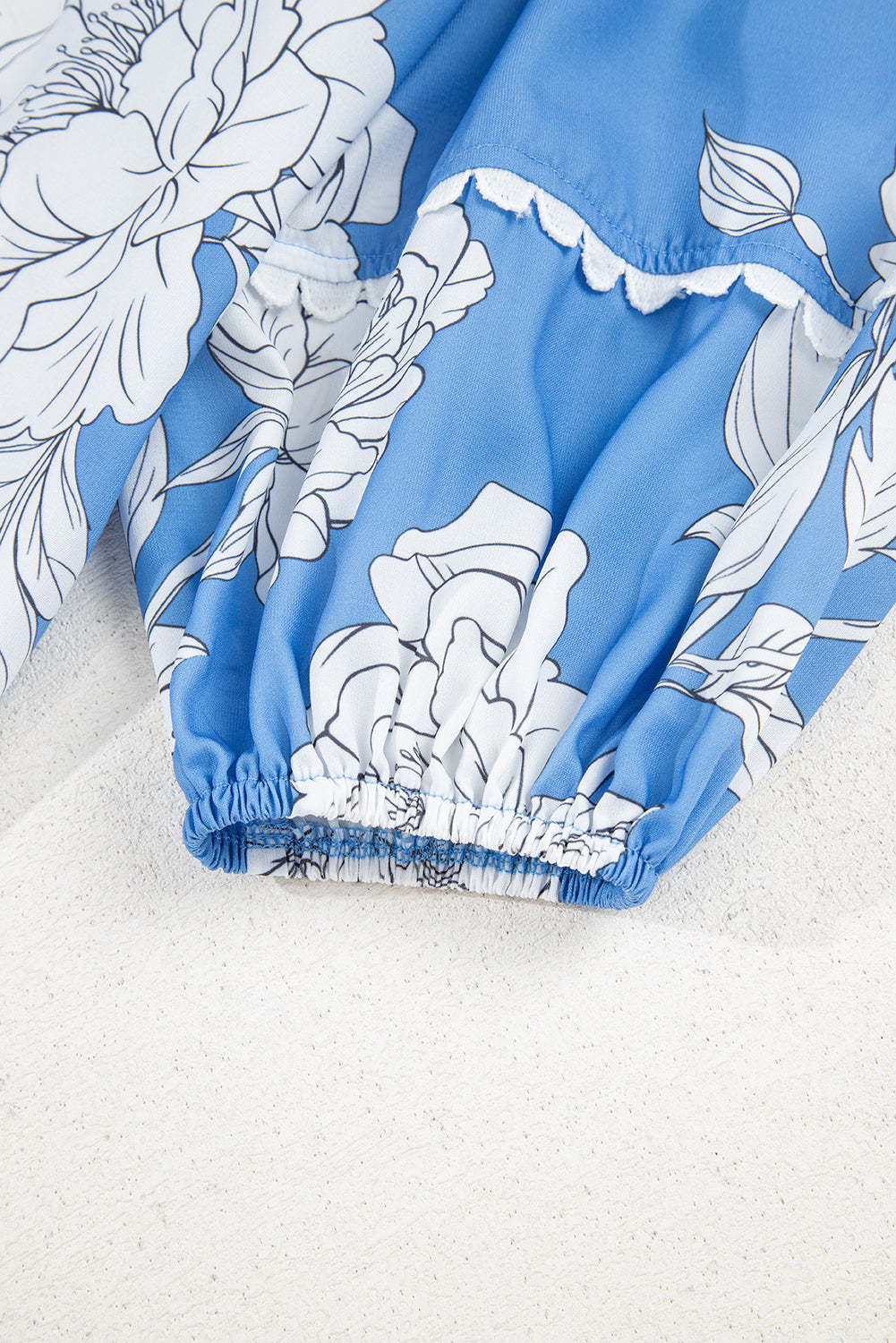 Sky Blue Floral Ricrac Trim Collared Puff Sleeve Loose Blouse