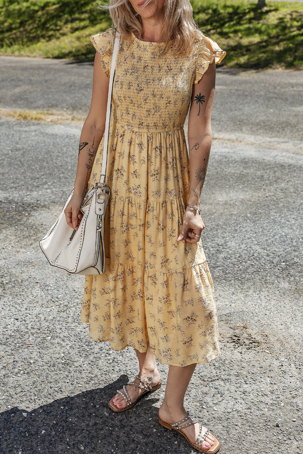 Yellow Boho Floral Print Ruffle Smocked Flowy Summer Dress