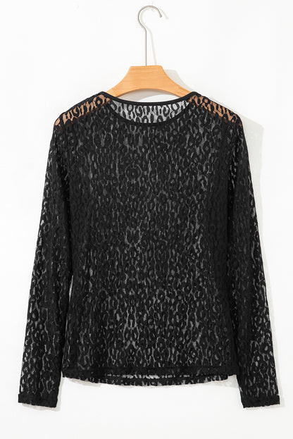 Black Leopard Pattern Sheer Mesh Long Sleeve Top